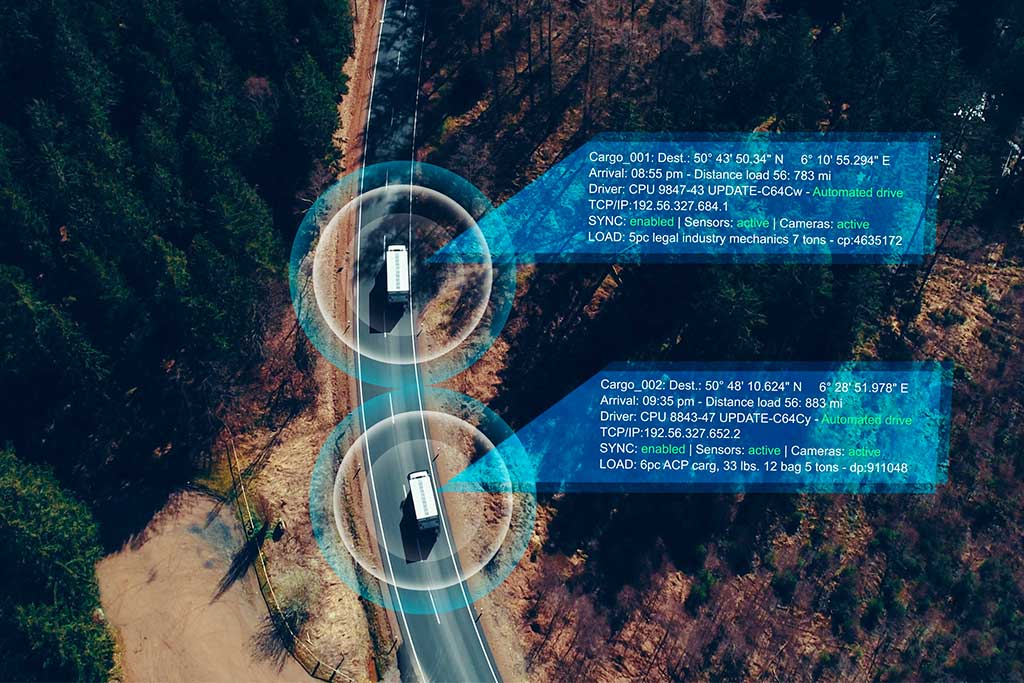tracked truck on the road. aerial view