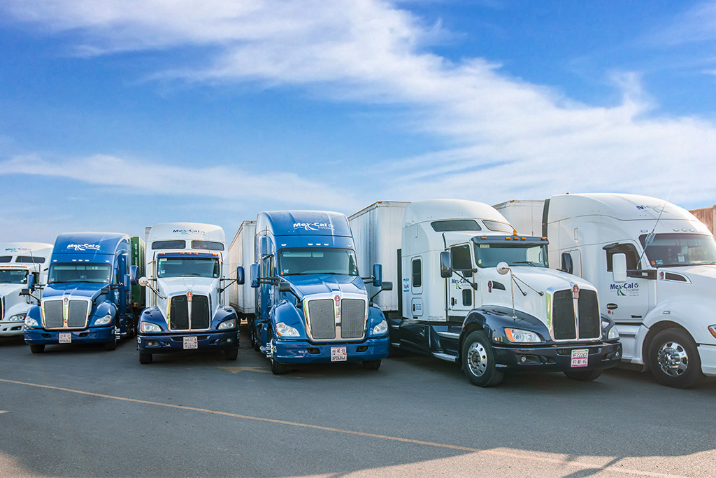 A row of semi trucks parked in a lot, highlighting the logistics essential for US-Mexico transportation compliance training.
