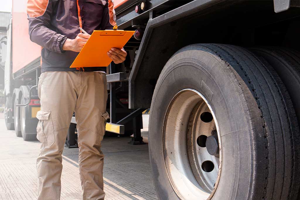 A man with a clipboard stands next to a truck, representing the customs clearance process at Otay Mesa Border.