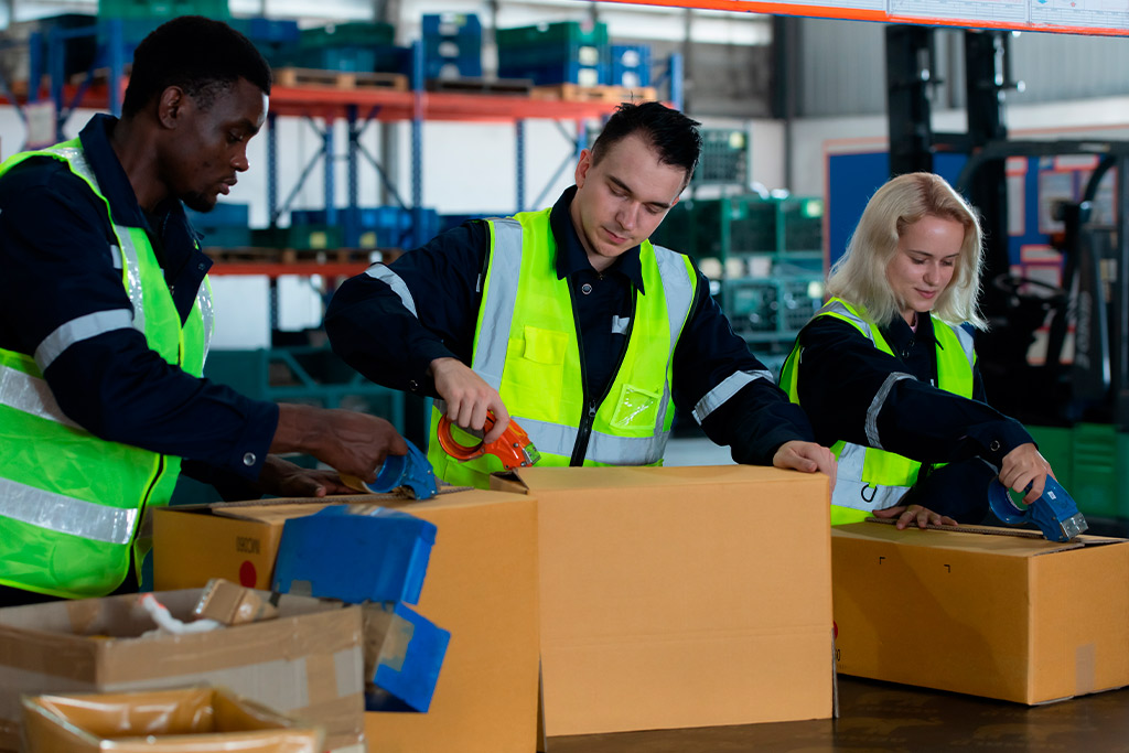 Three workers in safety vests handle boxes, emphasizing efficiency in aftermarket auto parts shipping.